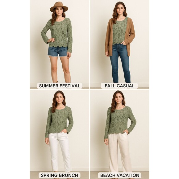 Boho Sage Crochet Knit Top Long Sleeve 100% Cotton Festival Peasant Blouse L - Picture 10 of 10